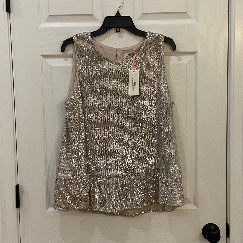 Vineyard Vines Silver Sequin Sleeveless Peplum Top